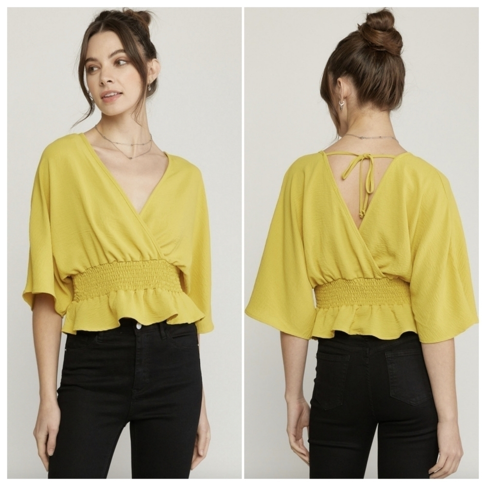 Entro V-Neck Smocked Peplum Half Sleeve Blouse